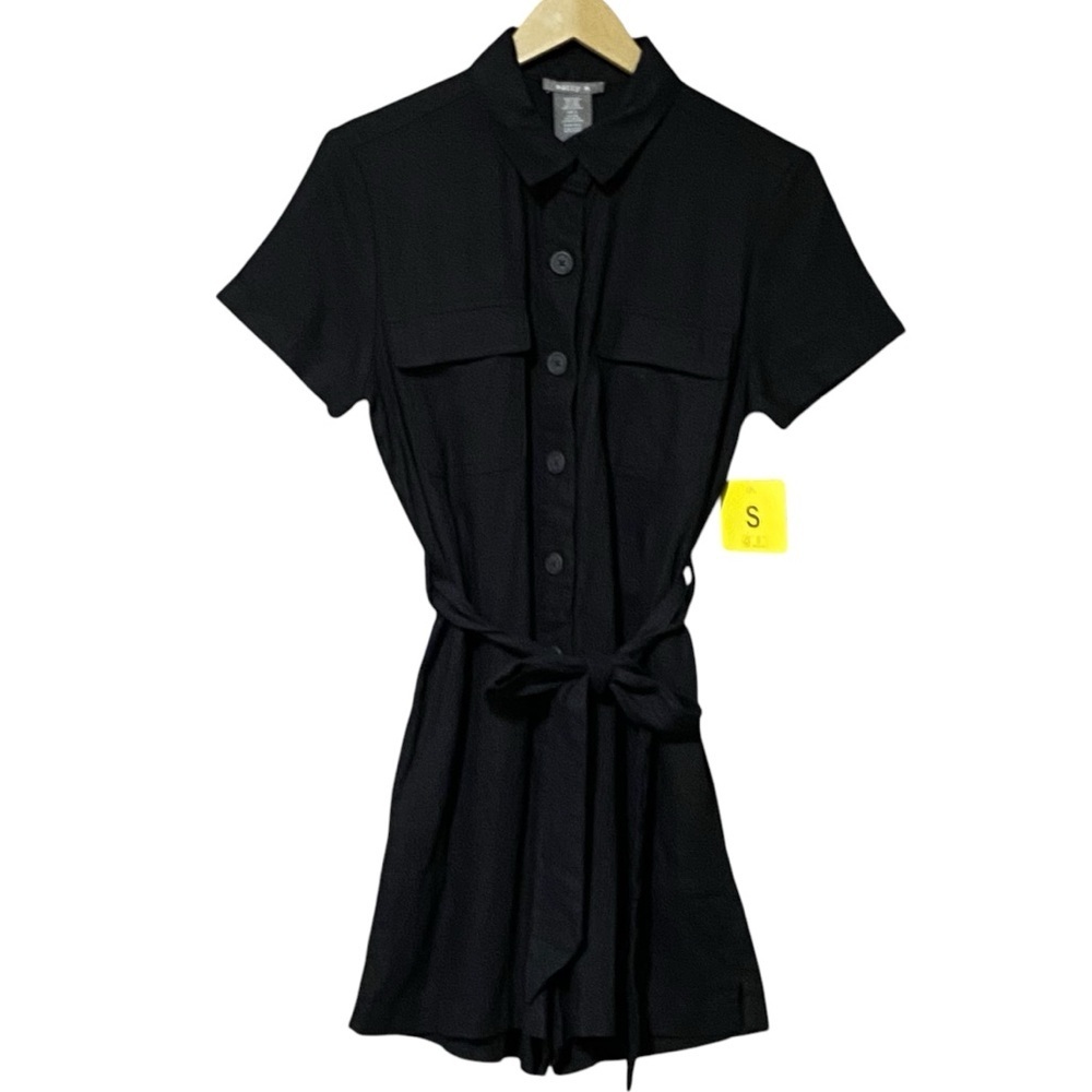Matty M Linen Blend Button Front Romper S Black Belted Multi-Pocket NWT